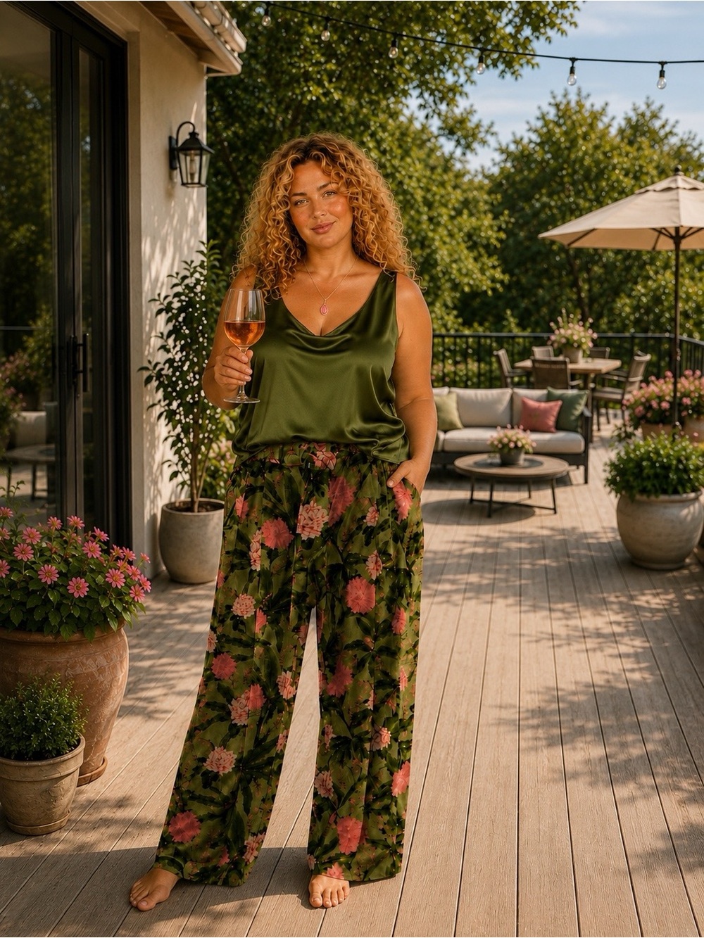 Beautiful floral linen and poly pants, with an attached tie belt